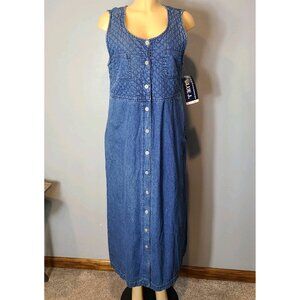 Vtg Denim Jumper Dress Quilted Button Front Cottage Womens L Western NWT Country